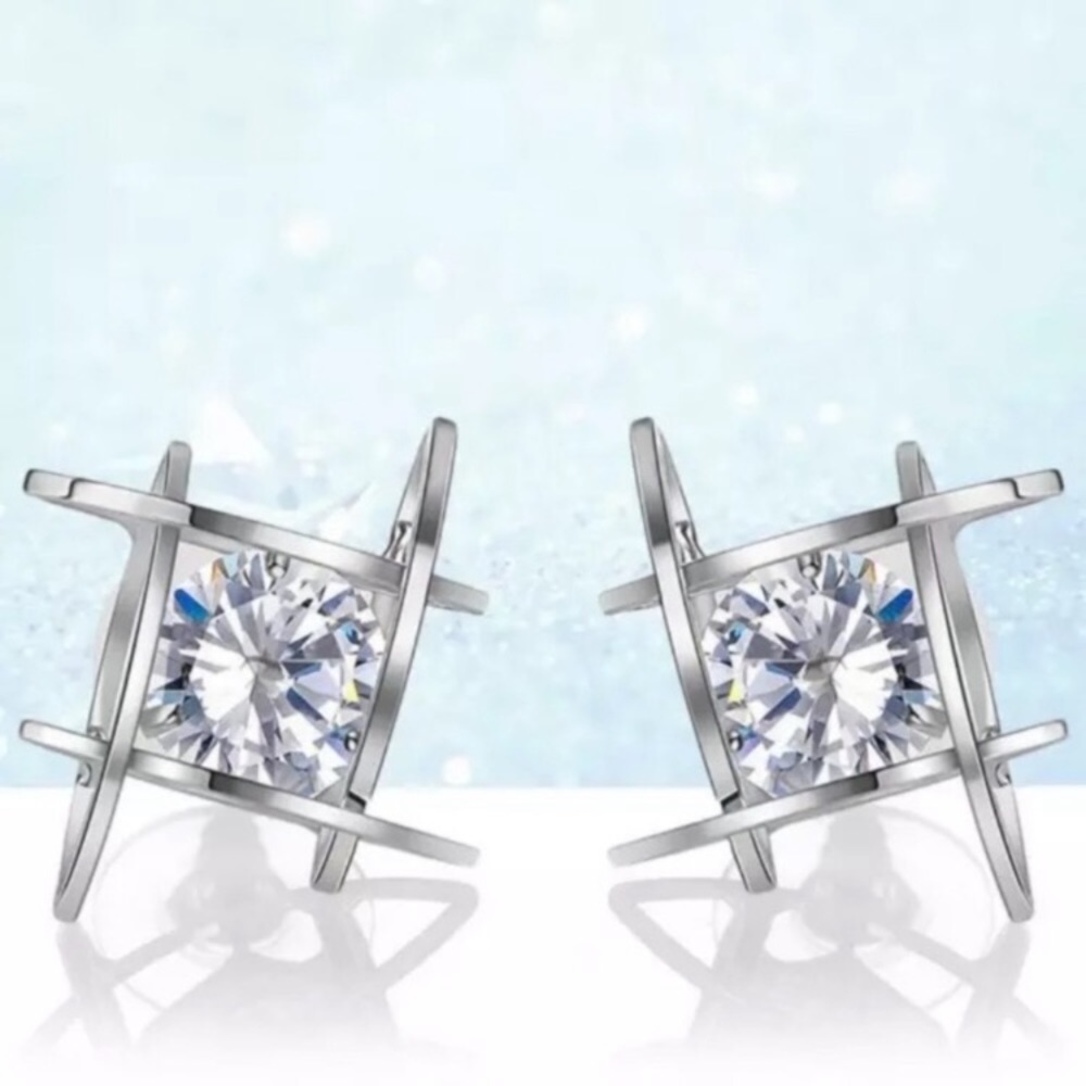 New Silver 3D Cage Diamond Stud Earrings - Picture 3 of 6